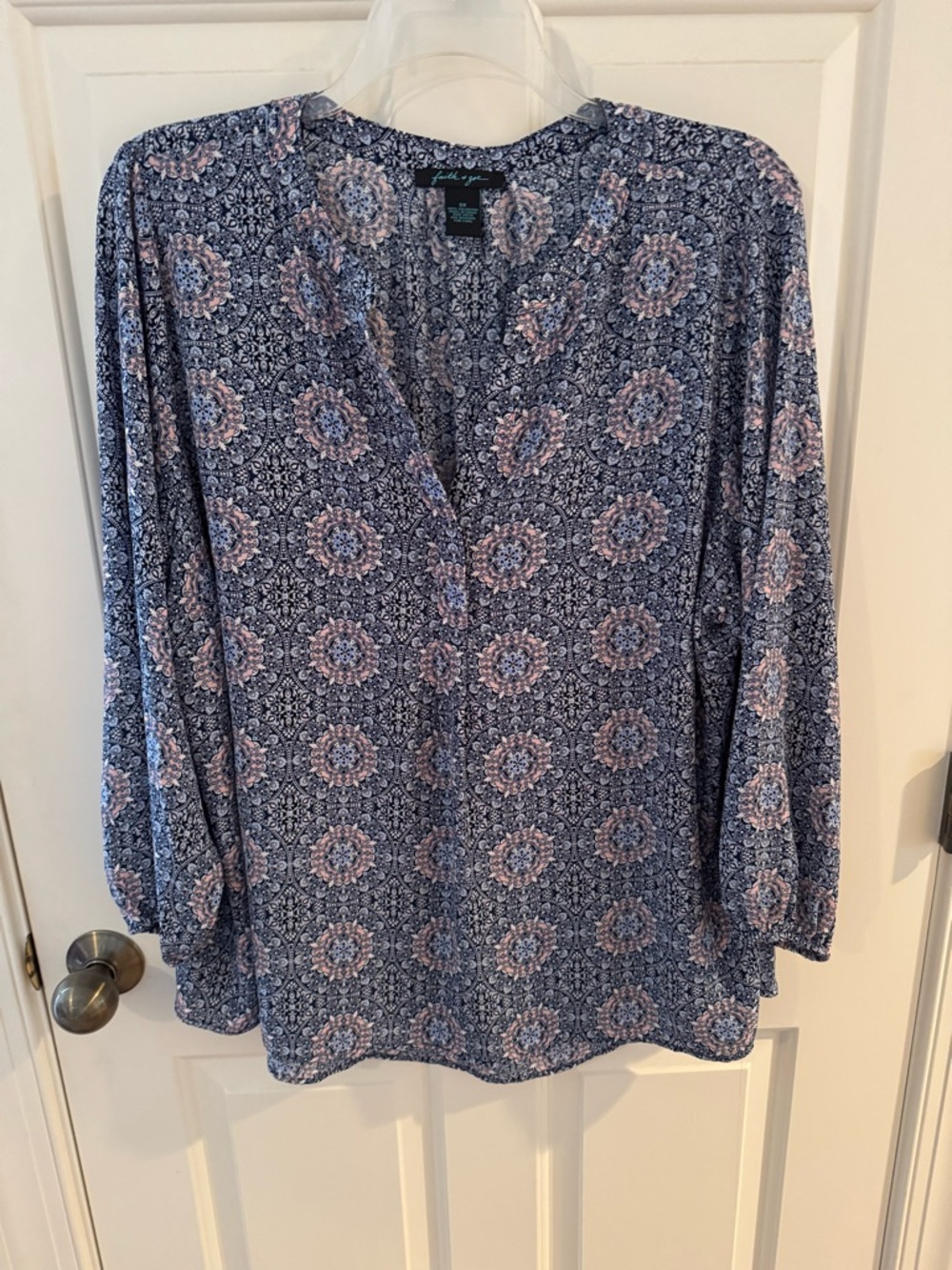 Faith & Zoe Navy and Pink Medallion V-Neck Blouse